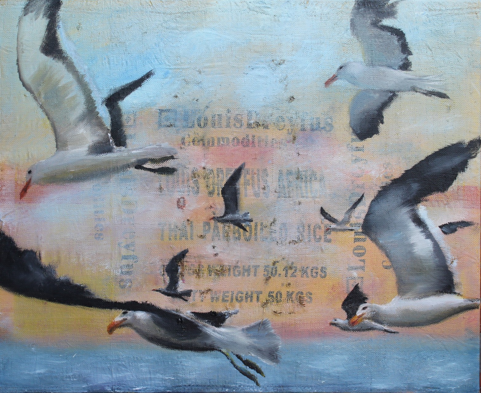 Commodities, 2015, Mischtechnik auf Kunststoff-Sackleinen, 90 x 110 cm
